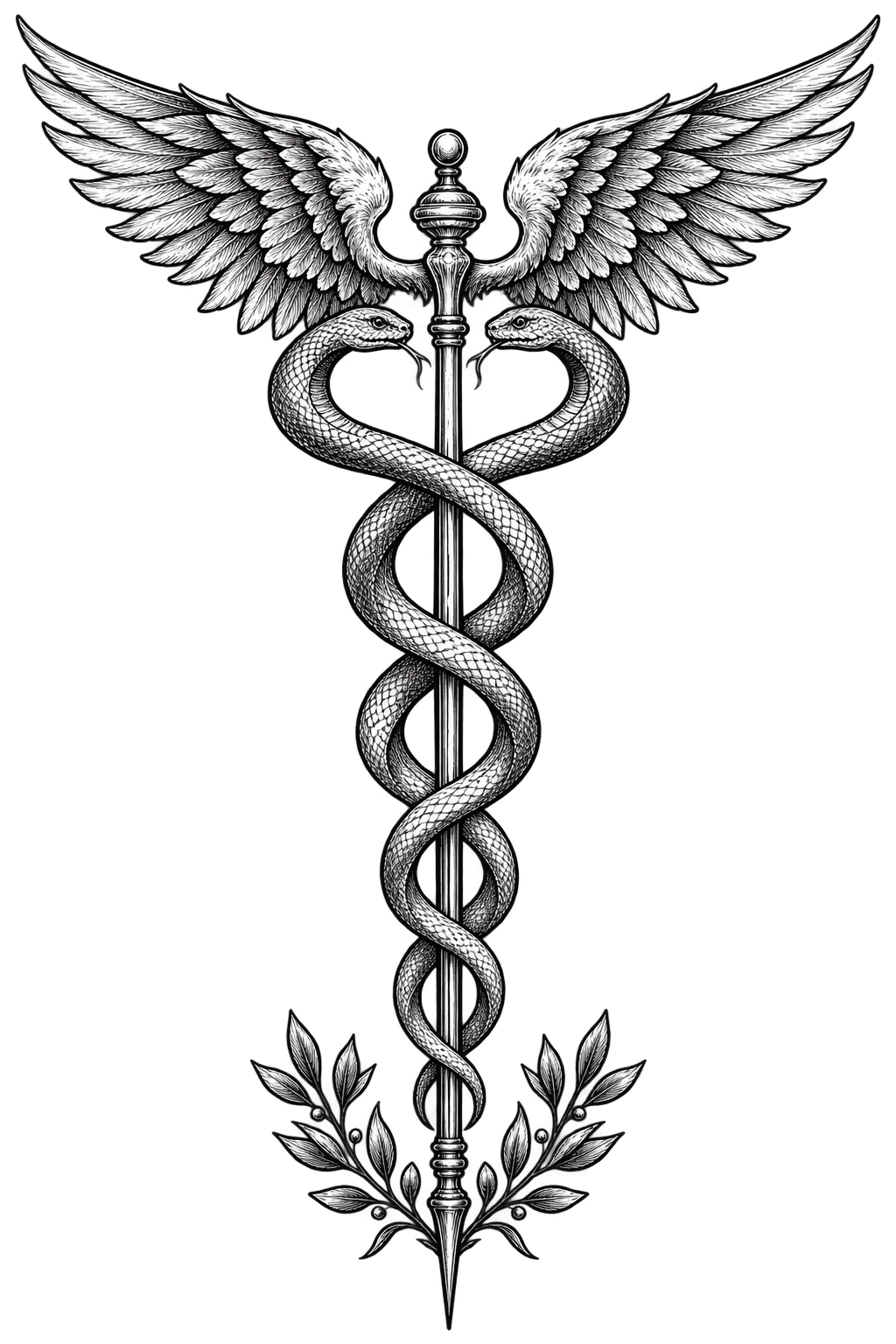 A monochrome engraving of a winged caduceus: two serpents entwined around a staff, with outspread wings above and laurel leaves at its foot.