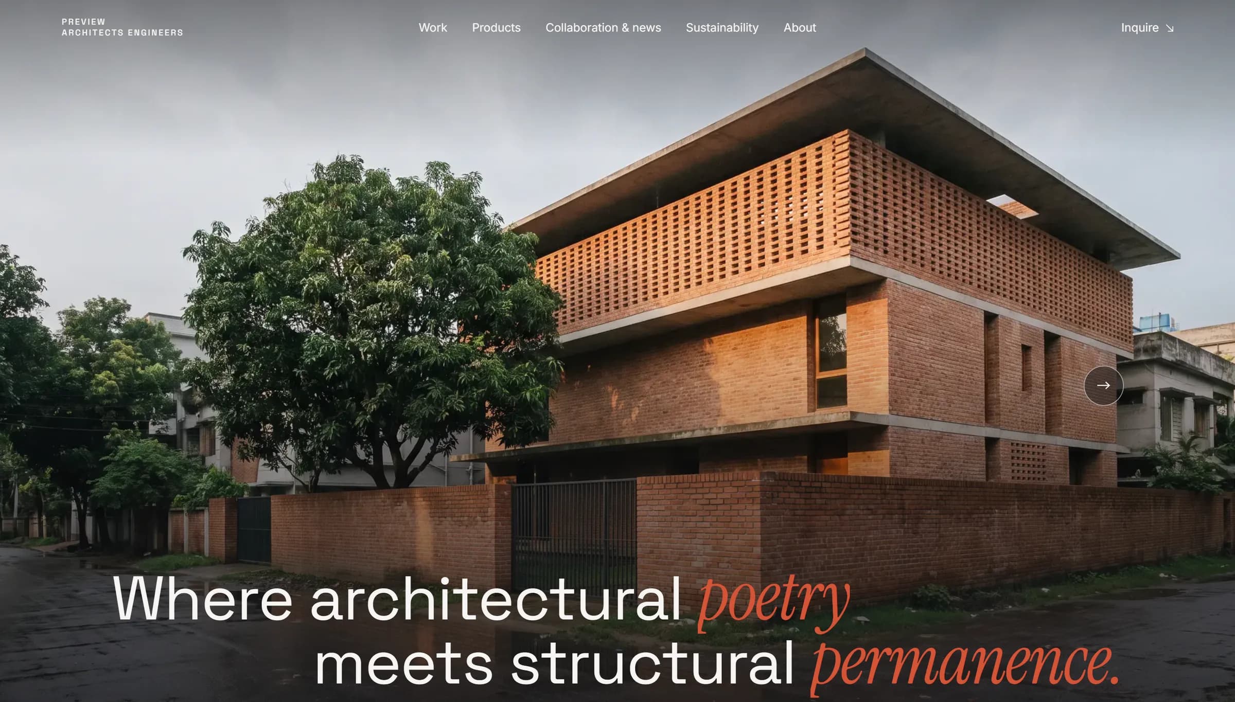 The home page of the Preview Architects Engineers website: a brick house with a concrete roof and a screen of perforated brickwork, under the headline “Where architectural poetry meets structural permanence.”